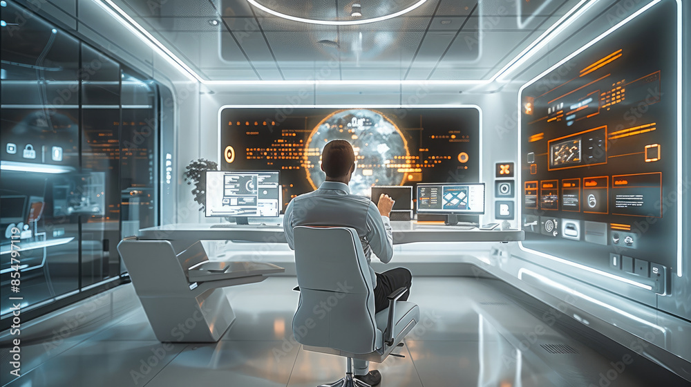 Aufkleber A sleek, high-tech office setting with a futuristic feel, showcasing advanced AI technology. In the foreground, a person sits confidently using a sophisticated computer interface. Generative AI.