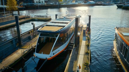 Fototapeta premium A white boat with black accents is docked at a city marina. The passenger boat has a large deck and the busy marina has a view of the city skyline.