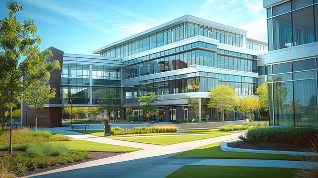 High end medical school, suburban area just outside well landscaped, late spring. Generative AI.