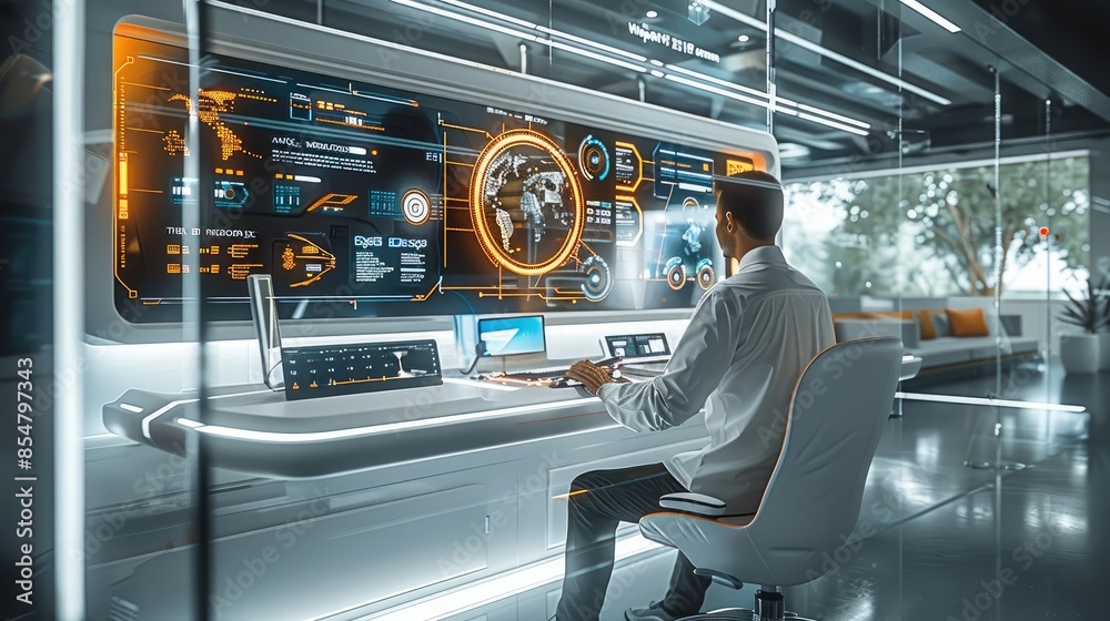 Fototapete A sleek, high-tech office setting with a futuristic feel, showcasing advanced AI technology. In the foreground, a person sits confidently using a sophisticated computer interface. Generative AI.