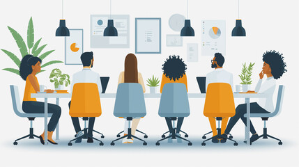 Fototapeta premium A team of professionals is depicted sitting around a table in an office, actively participating in a meeting.