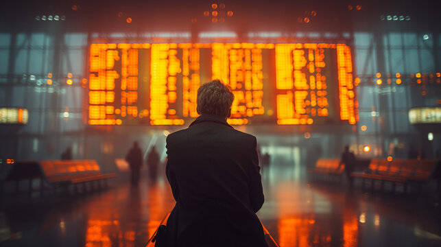 businessman in an airport waiting lounge, watching the departure screens.