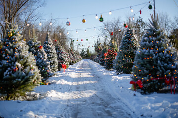 Festive Pine Tree Farm with Holiday Decorations Under Clear Sky