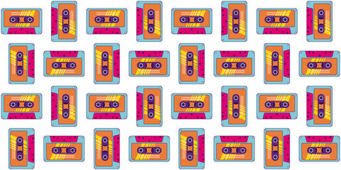 90s retro elements. Pattern with an audio tape. Color illustration in trendy flat style. Aesthetics of the 90s