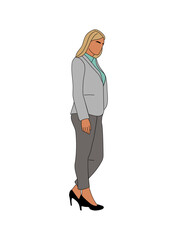 Young business woman standing in smart casual office outfit. Pretty girl with long blond hair. Female cartoon character Outline colored vector drawing isolated on transparent background.