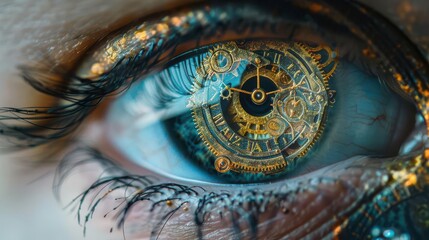 Obraz premium Closeup of an eye with a vintage clockwork mechanism reflected in the pupil