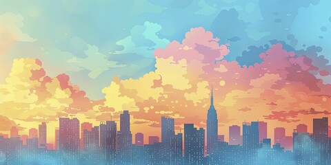 Cute skyline ambiance featuring pastel colors and whimsical clouds over a city skyline.