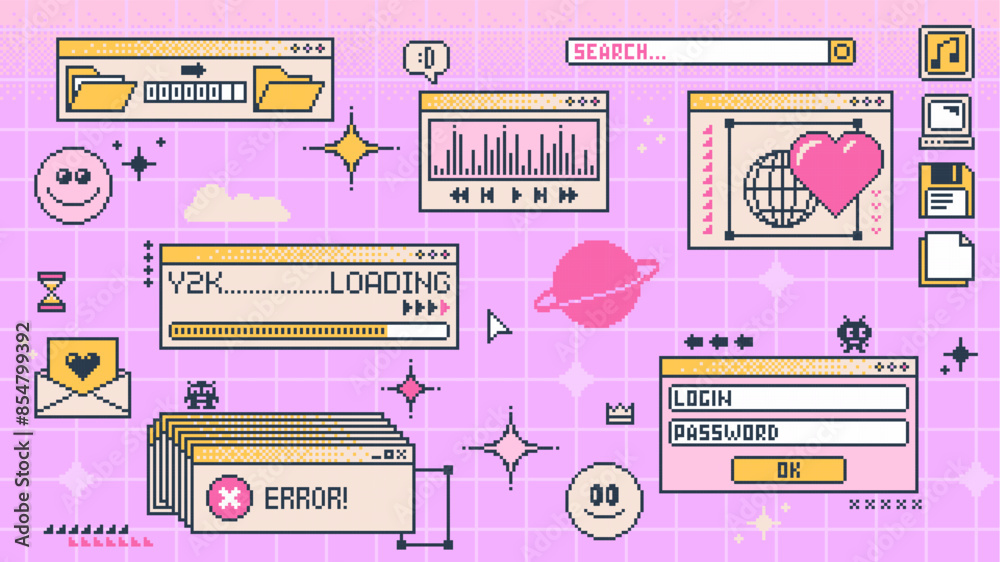 Aufkleber Retro Y2K computer window page and interface screen in pixel, art, vector, background. 8 bit retro and 90s Y2K computer display windows of internet browser tabs with loading bar and error message box