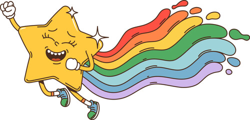 Cartoon groovy space star character. Isolated vector retro style falling comet personage with sparkles and colorful rainbow trail, spreading joy across the night sky. Yellow funky shooting twinkle © Vector Tradition