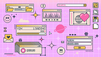 Retro Y2K computer window page and interface screen in pixel, art, vector, background. 8 bit retro and 90s Y2K computer display windows of internet browser tabs with loading bar and error message box