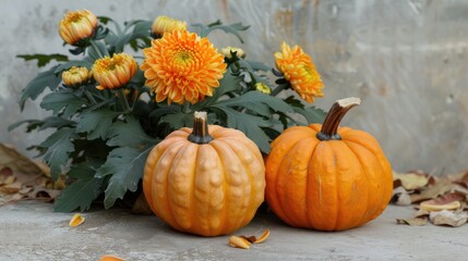 Two vibrant orange pumpkins placed next to a chrysanthemum plant with closed flower buds