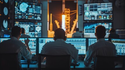 Group of People in Mission Control Center Witness Successful Space Rocket Launch. Flight Control Employees Sit in Front Computer Displays and Monitor the Crewed Mission. Team Stand Up and Clap Hands.