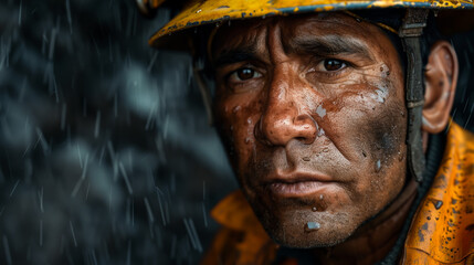 Portrait of a Mexican worker with a tired look after hard work as a firefighter. A young firefighter in a bright yellow helmet with soot on his cheeks after his shift.