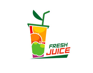 Fresh juice icon for fruit mix drink or smoothie label in cup with drinking straw, vector emblem. Natural organic juice drink of fresh apple, orange and citrus vitamin in smoothie cup for bio beverage