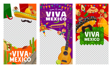 Viva Mexico social media banners templates with mexican holiday round frames. Vector fiesta guitar, maracas and sombrero hats, Mexico flag, cactus and chili, taco, burrito and pinata cartoon banners