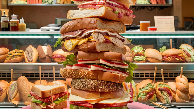 Sandwiches in a deli display.