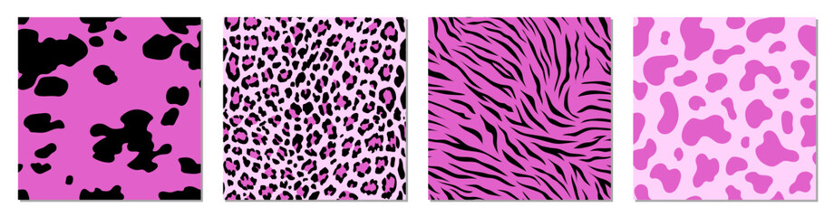 Animal seamless patterns. Vector set. Retro collection. Black and pink backgrounds. Fabric, textile print.