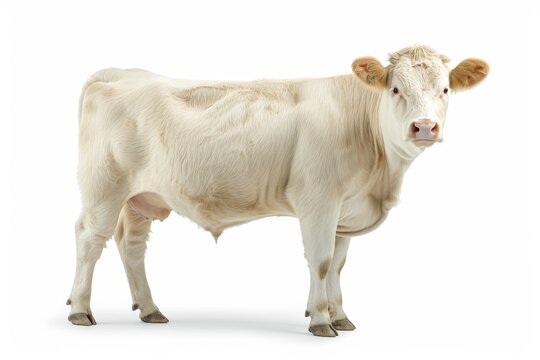 the beside view Charolais Cow standing, left side view, white copy space on right isolated on white background