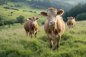 View from beside body of a three Charolais Cow standing on grass, Awe-inspiring, Full body shot ::2 low Angle View