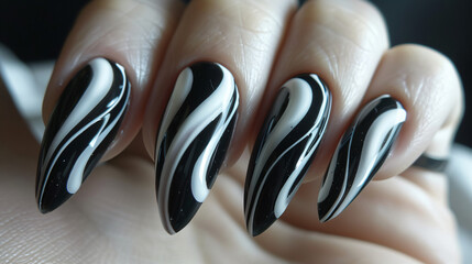 Closeup of nails in white and black bold graphic nail art
