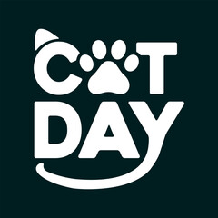 International Cat Day vector white with very dark (mostly black) lime green background typography illustration for poster print, postcard, banner, logo, sign, sticker, blog