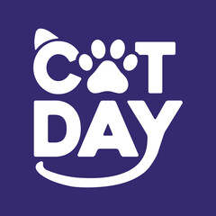 International Cat Day vector white with very dark violet background typography illustration for poster print, postcard, banner, logo, sign, sticker, blog