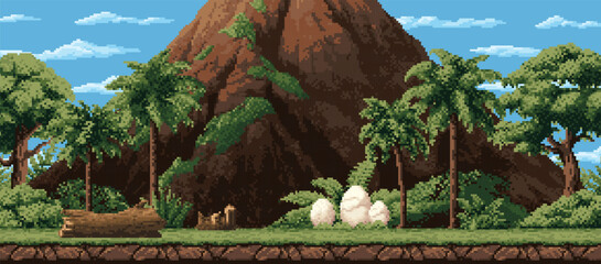 8 bit pixel game tropical forest landscape, volcano mountain and dinosaur eggs, vector background. Jurassic park or dinosaur island landscape in 8bit pixel for arcade game level of mountain and palms © Vector Tradition