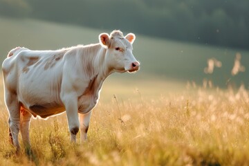 View from side body of a family Charolais Cow standing on grass, Awe-inspiring, Full body shot ::2 Side Angle View
