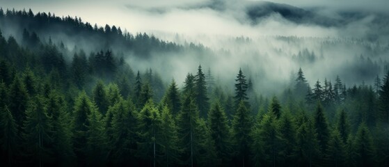 Panoramic view of foggy forest in the mountains at sunrise