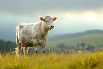 View from side body of a family Charolais Cow standing on grass, Awe-inspiring, Full body shot ::2 Side Angle View