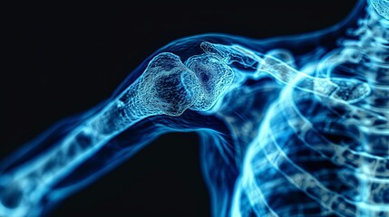 A detailed anatomical illustration of the human shoulder joint, showcasing the intricate bone structure.