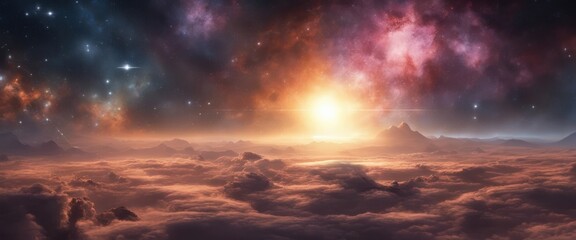 Fototapeta premium Cosmic landscape showcasing a breathtaking sunrise over a distant planet, with colorful nebulae and twinkling stars in the background.