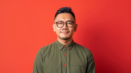 Obraz premium Confident man in glasses and green shirt poses in front of vibrant red background. Portrait of a trendy, modern individual.