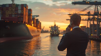 Fototapeta premium A businessman on a phone call with cargo ships and cranes in the background at sunset.
