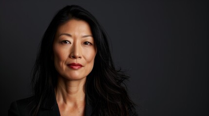 Portrait of a confident woman with calm expression on dark background with copy space, for professional and personal use