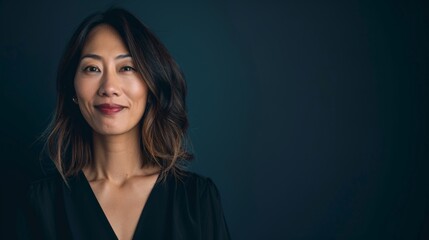 Fototapeta premium Portrait of a confident woman with calm expression on dark background with copy space, for professional and personal use