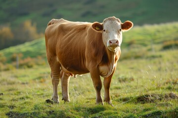 View from side body of a Limousin Cow standing on grass, Awe-inspiring, Full body shot ::2 Side Angle View