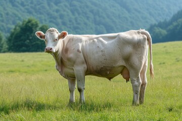 View from side body of a three Charolais Cow standing on grass, Awe-inspiring, Full body shot ::2 Side Angle View