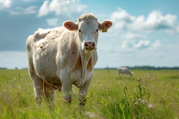View from side body of a three Charolais Cow standing on grass, Awe-inspiring, Full body shot ::2 Side Angle View