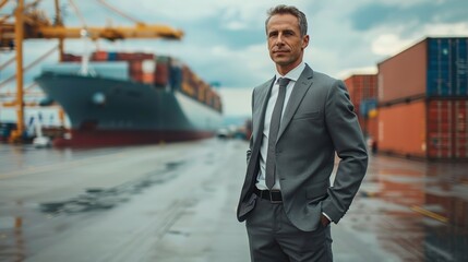 Confident businessman standing at a shipping port, looking towards the camera.