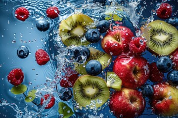 Fruits in splashes of water on blue background. Apple, blueberry, raspberry, kiwi fall into the water. Fruits. Berries