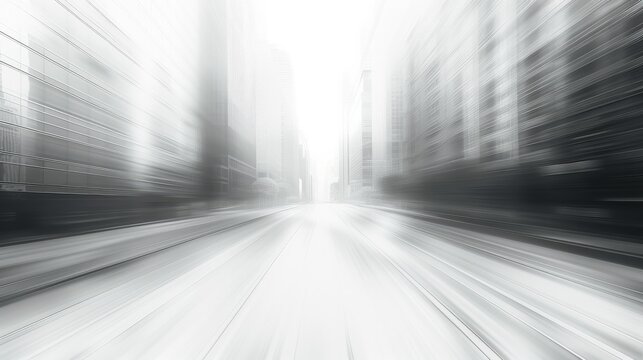 White city street grayscale horizontal motion blur, on an all white background. Generative AI.