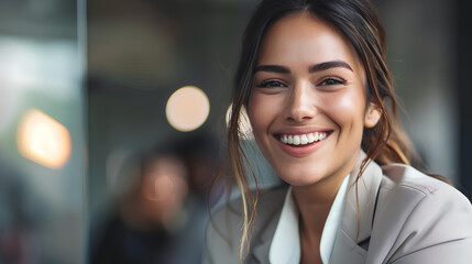 Confident businesswoman smiling after successful presentation