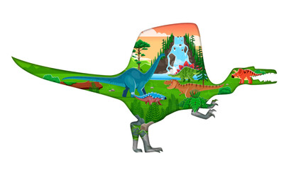 Paper cut dinosaur character 3d vector silhouette with tyrannosaurus, arrhinoceratops, ankylosaurus and brontosaurus dino species at prehistoric landscape with waterfall, mountains and lush greenery © Vector Tradition