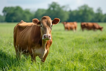 View from side body of a three Limousin Cow standing on grass, Awe-inspiring, Full body shot ::2 Side Angle View