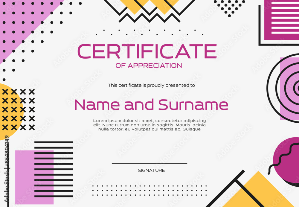 Poster Certificate template, abstract geometric memphis background. Vector diploma or certificate of appreciation, achievement award and gift with frame borders of geometric shapes and figures pattern