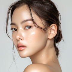 Portrait of a smiling brunette woman with elegant hairstyle and makeup in a studio setting