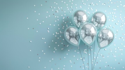 Silver balloons and confetti on a light blue background. Perfect for celebration, party, and birthday themes.