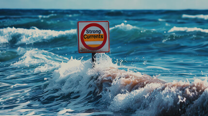 Naklejka premium Strong Current Warning Sign in the wave sea.