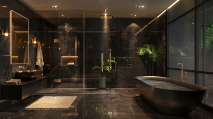 Elegant modern bathroom with a sleek design. Black marble walls, gold fixtures, and a large walk-in shower. Minimalist decor, soft lighting, and a freestanding bathtub.
